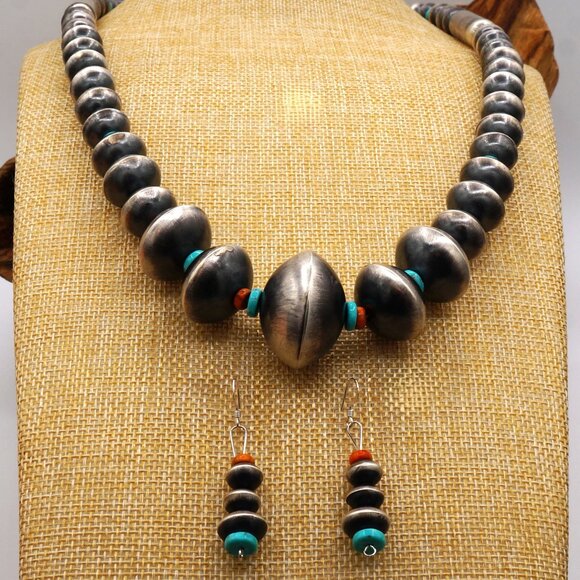 Native American Navajo Turquoise Silver Pearls Spiney Oyster Necklace & Earrings - Picture 6 of 10